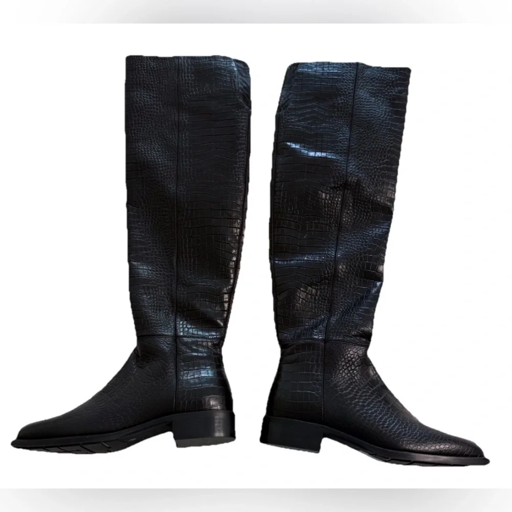 Aquatalia Nahla Weatherproof Croc-Embossed Over-Knee Boots 7.5 M Made in Italy
